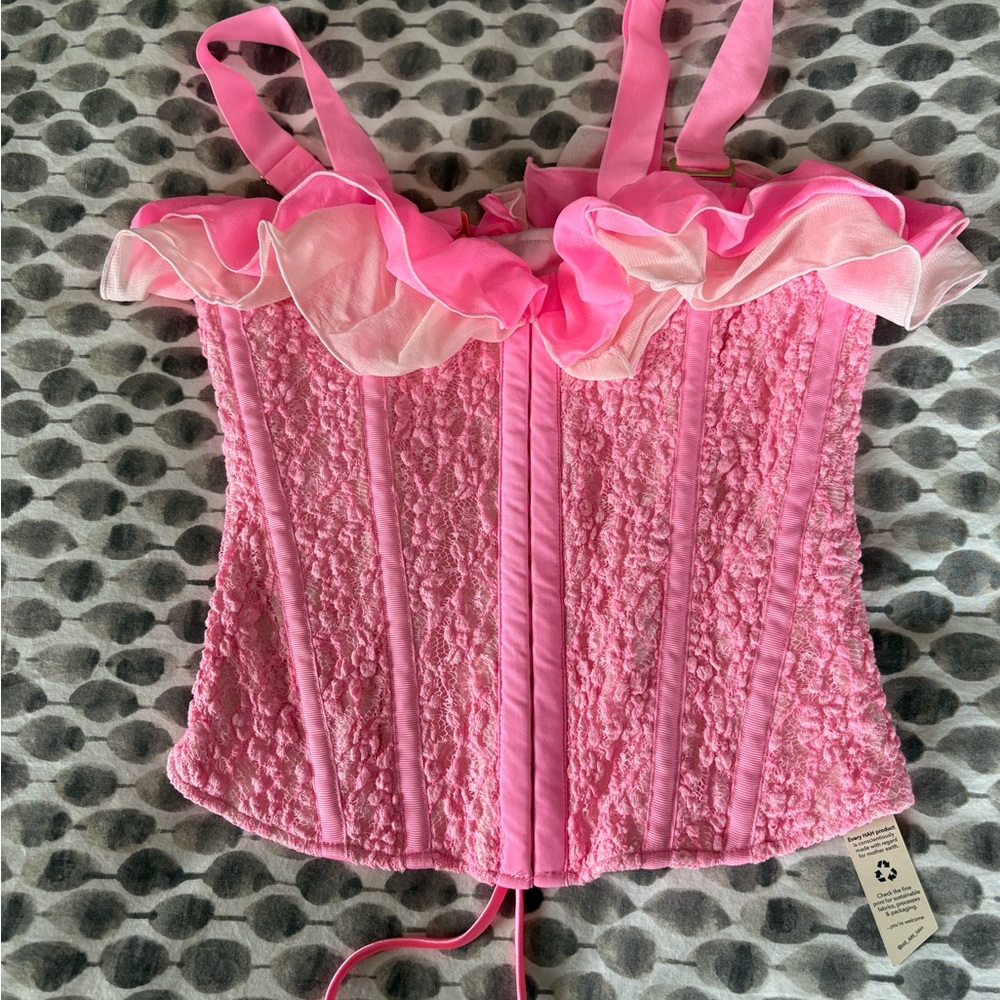 Pink Lace Corset Top with Ruffle Trim